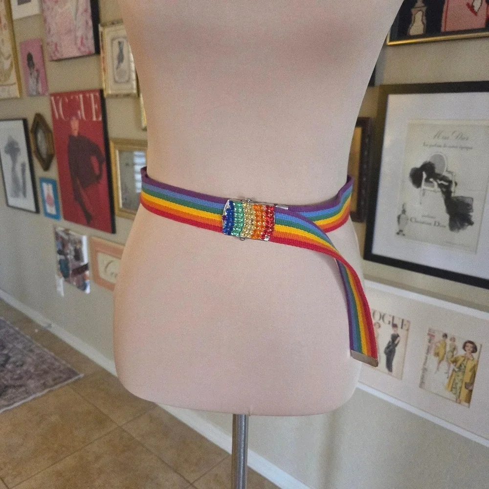 Rainbow‎ Striped Web Belt with Rhinestone Flip Top Buckle 90s Pride Accessory